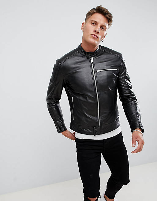 Replay leather biker jacket in black | ASOS