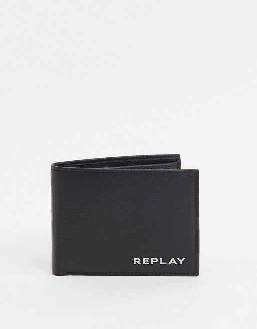 Replay leather billfold wallet in black