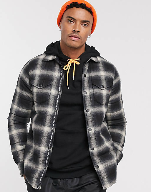 Replay lightweight check button through jacket in black and stone | ASOS
