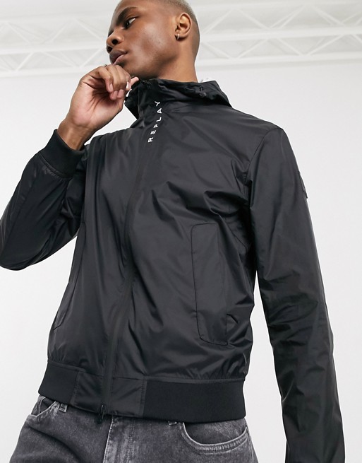Replay lightweight hooded jacket with logo zip tape in black