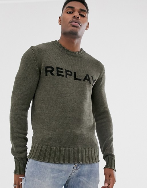 Replay logo crew neck jumper with ribbed detail in khaki