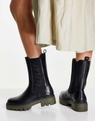 Replay logo detail biker boots in black