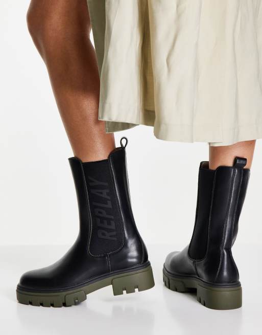 bibliotheek Jood beroerte Replay logo detail biker boots in black | ASOS