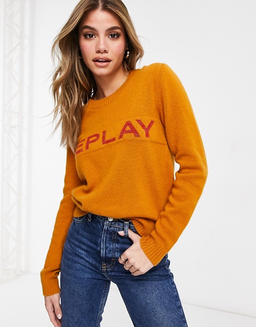 Replay logo knitted sweater in Amber