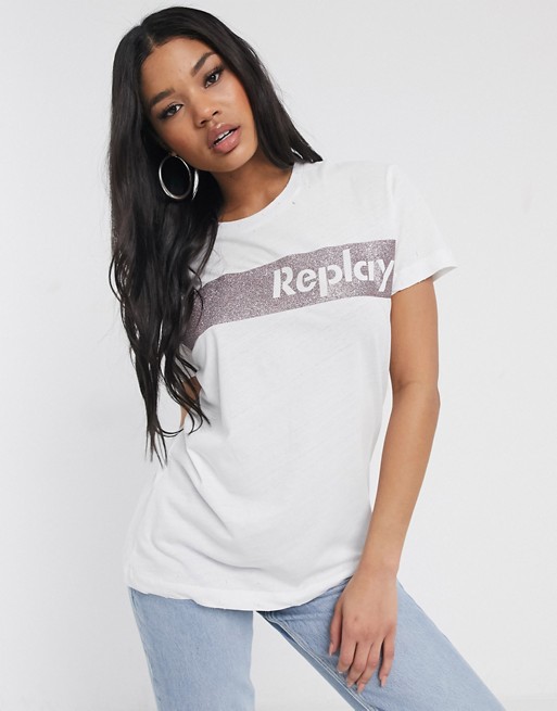 Replay logo shirt with pink glitter