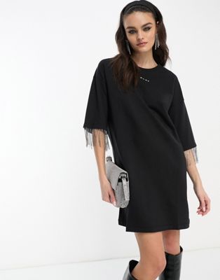 Replay logo t-shirt dress with embellished tassel sleeve trim in black