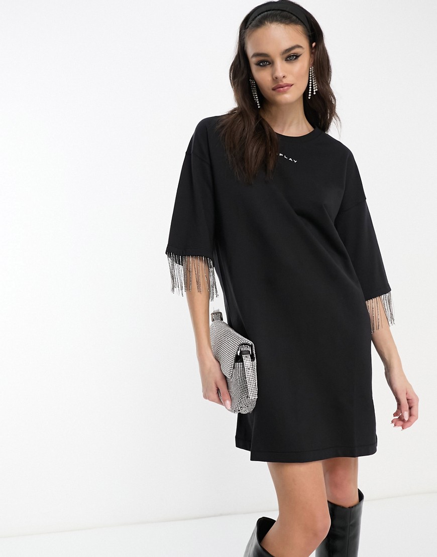 Replay logo t-shirt dress with embellished tassel sleeve trim in black