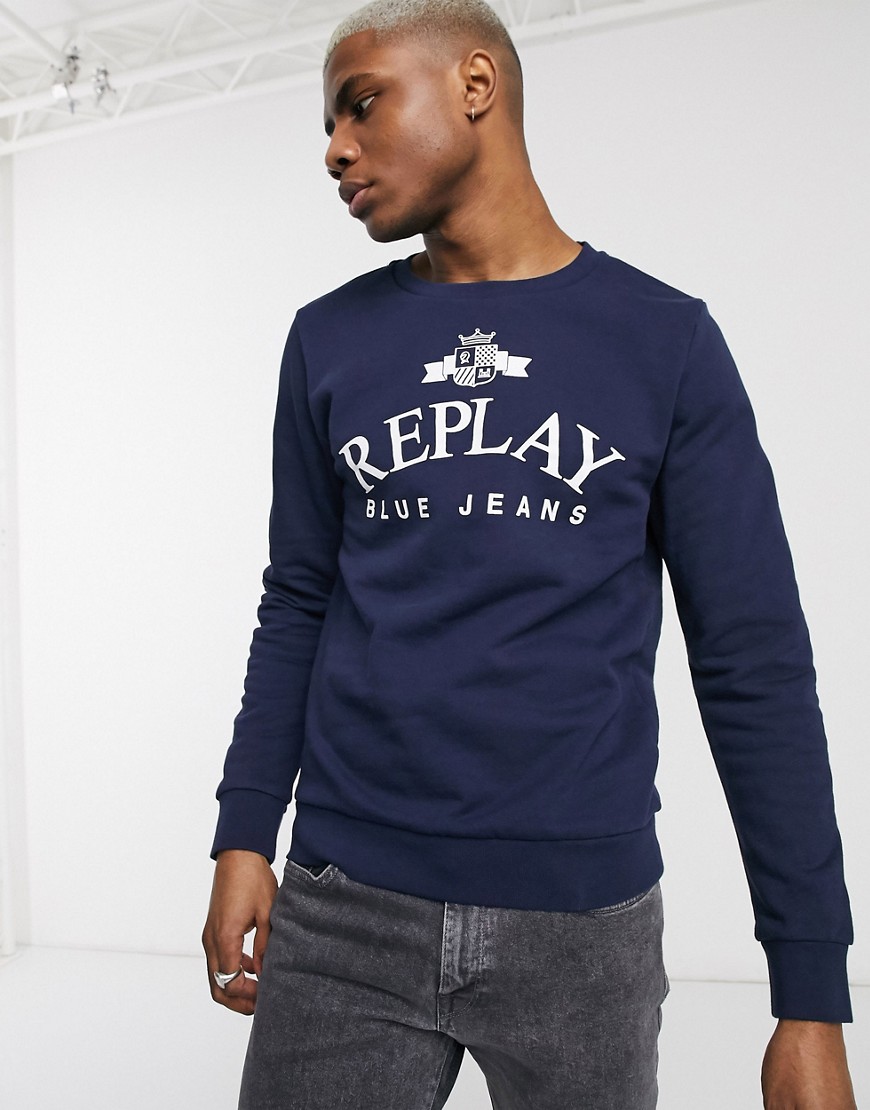 Replay – Mörkblå sweatshirt med Blue Jeans-logga-Marinblå