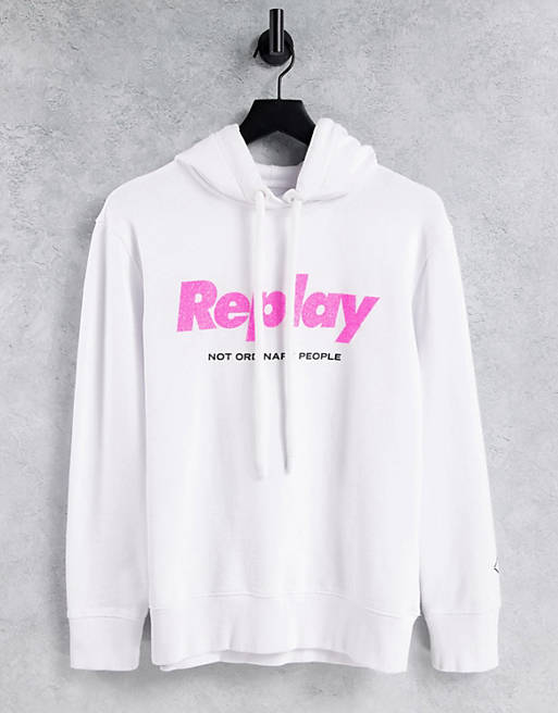 Replay neon logo front hooded sweatshirt in white