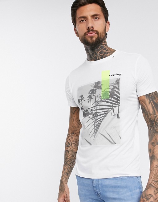 Replay palm print crew neck t-shirt in white
