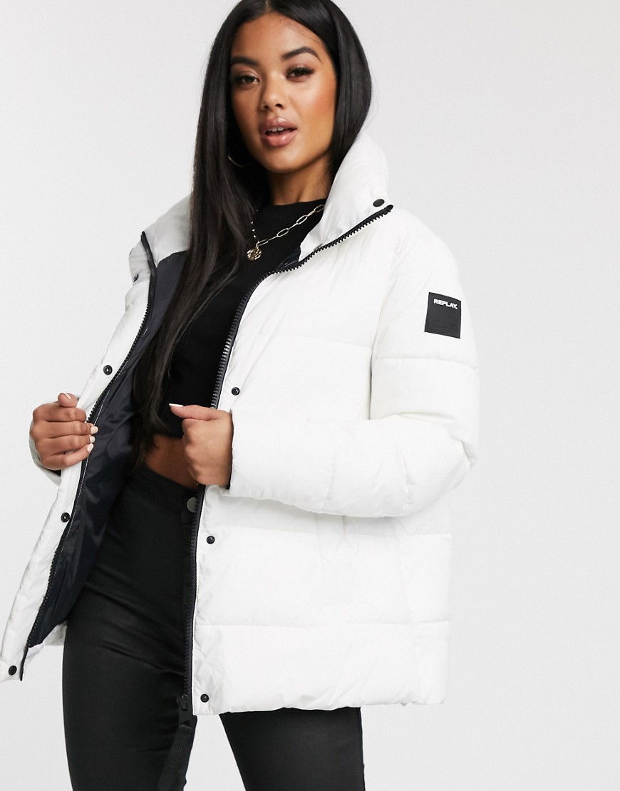 Replay puffer jacket a line with logo print on back-White