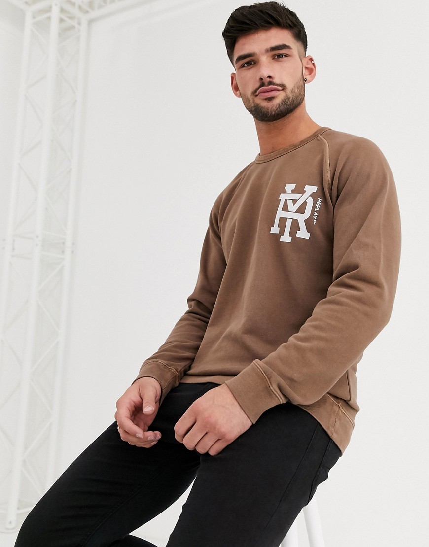 Replay raglan sweatshirt with logo print-Brown