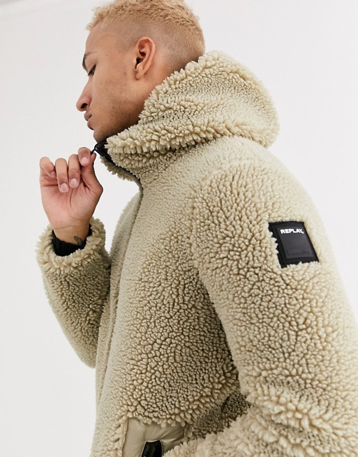 Replay reversible fleece jacket in beige