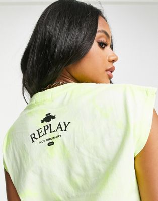 Replay rolled short sleeve t-shirt  in yellow neon/white