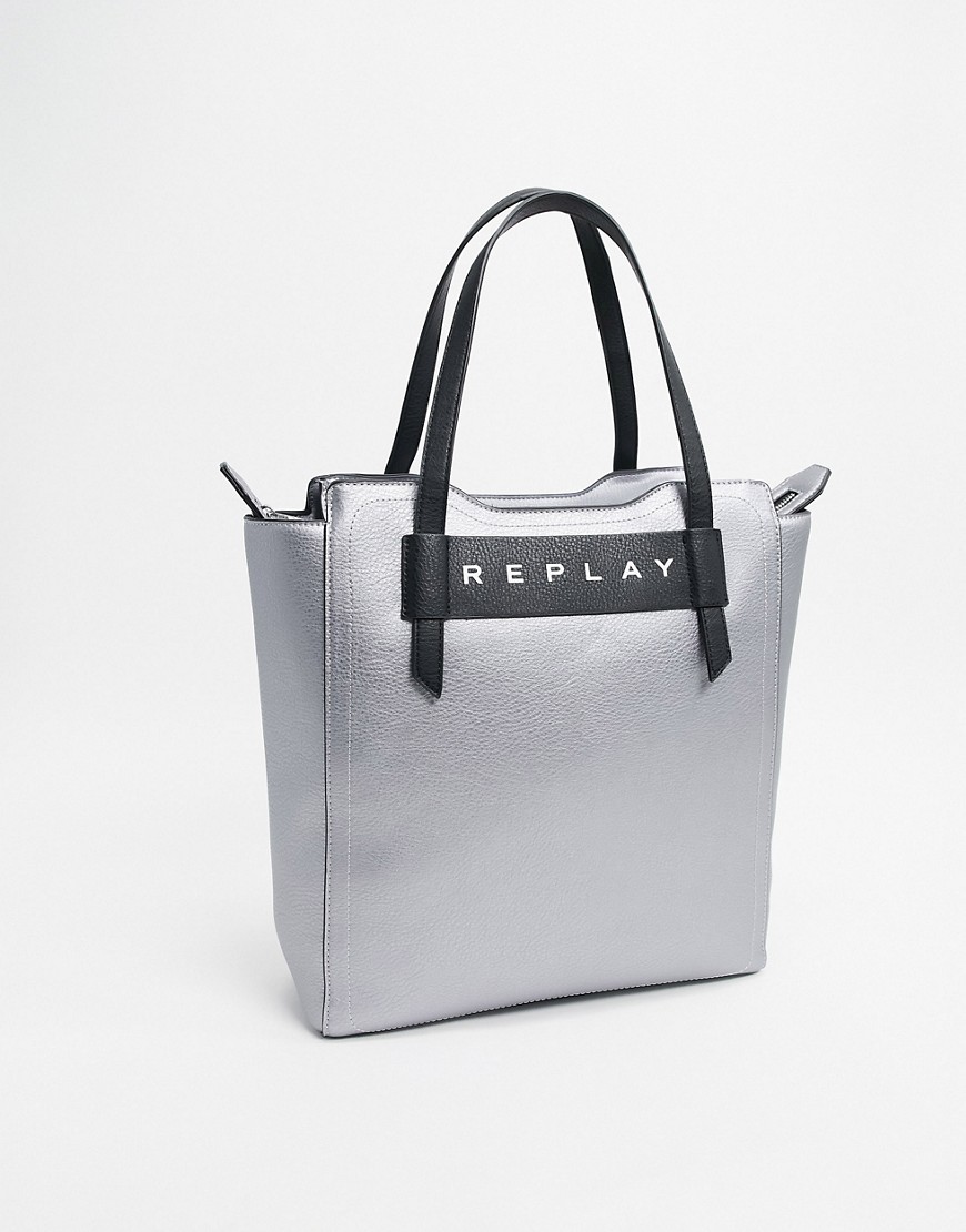 Replay - Shopper in pelle metallizzata con logo stampato-Argento