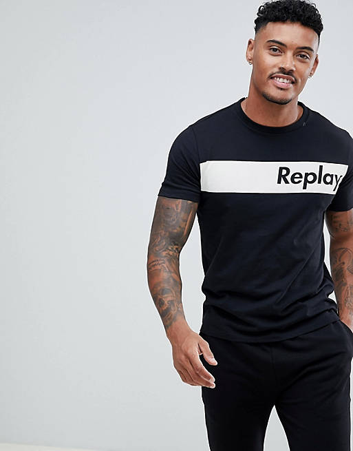 Replay Sport stripe logo t-shirt in black | ASOS