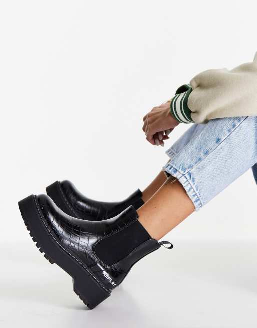 Replay – Svarta chelseaboots med krokodilmönstrad detalj och grov sula, 4 av 4