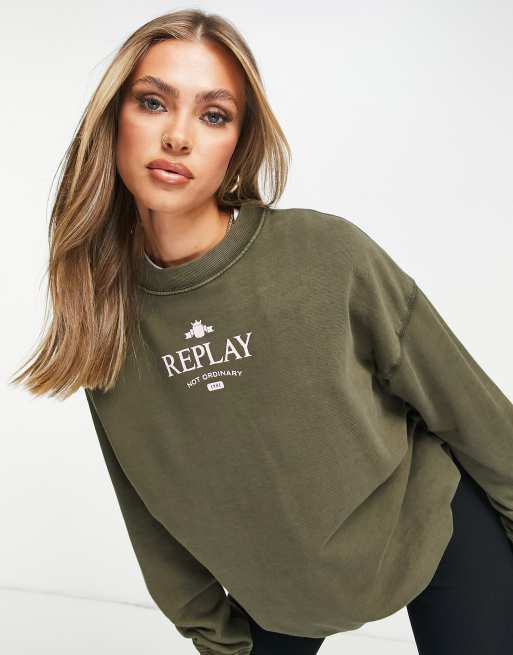 Replay - Sweat avec logo sur le devant - Vert camouflage