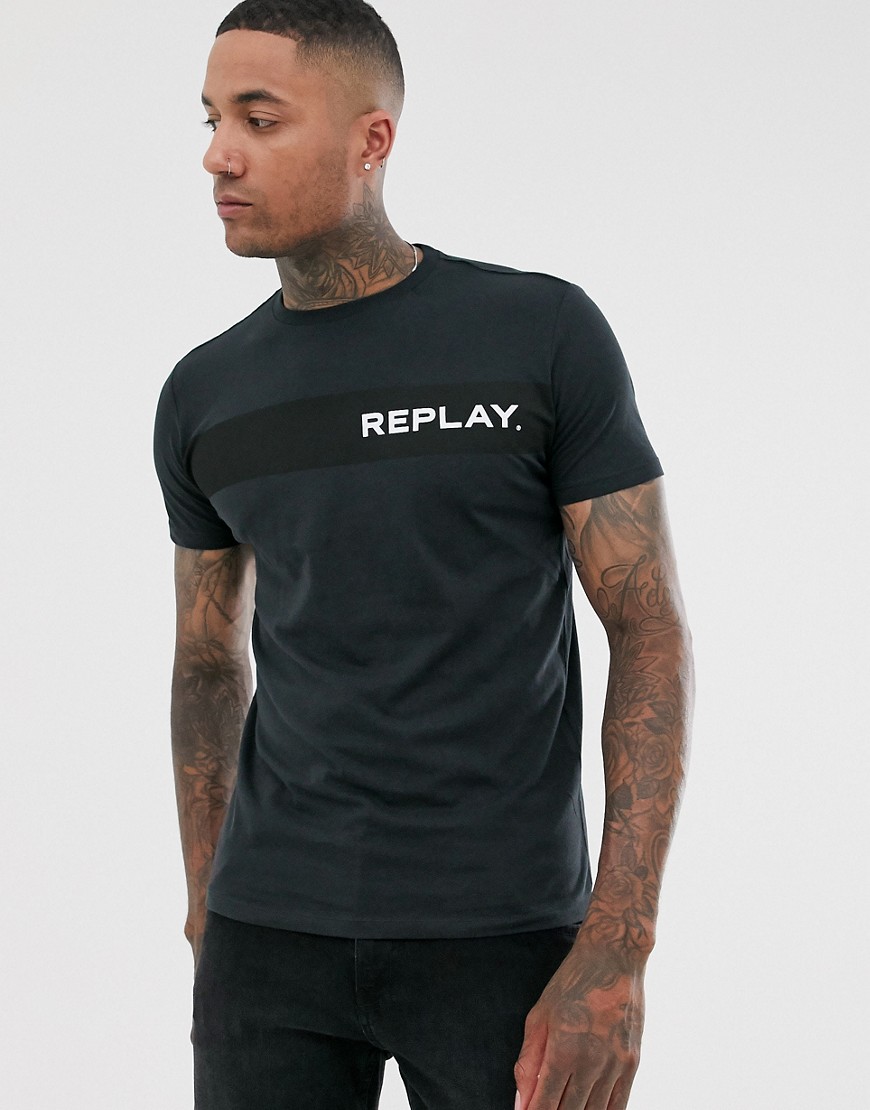 Replay - T-shirt blu navy con logo colour block sul petto