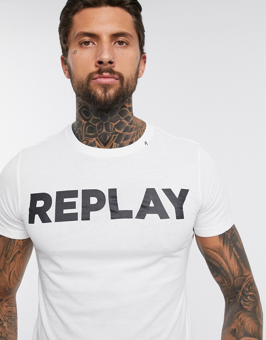 Replay - T-shirt girocollo bianca con logo vistoso-Bianco