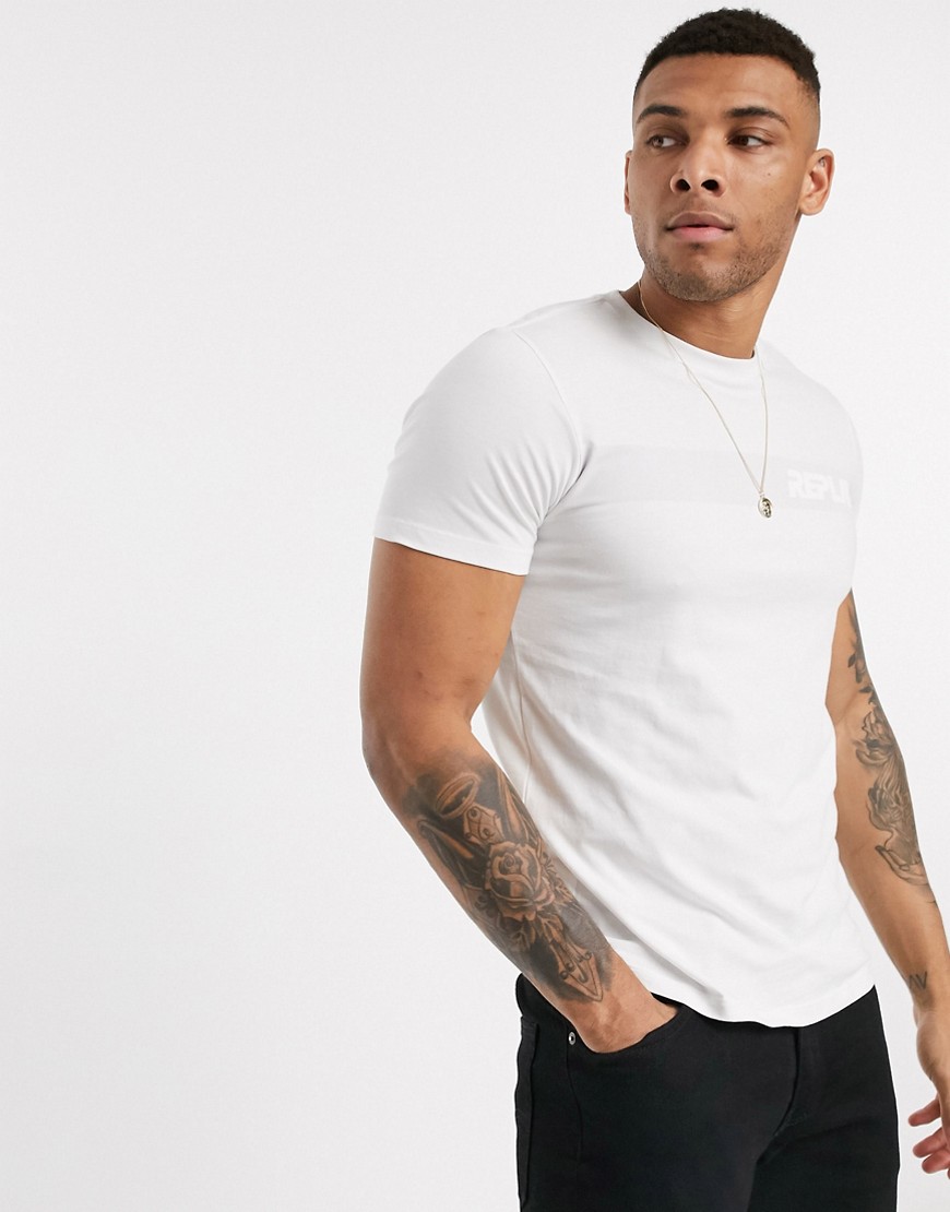 Replay - T-shirt girocollo bianca con pannello frontale con logo-Bianco