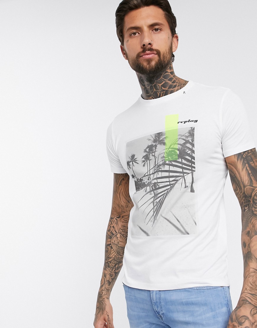 Replay - T-shirt girocollo con stampa di palme bianca-Bianco
