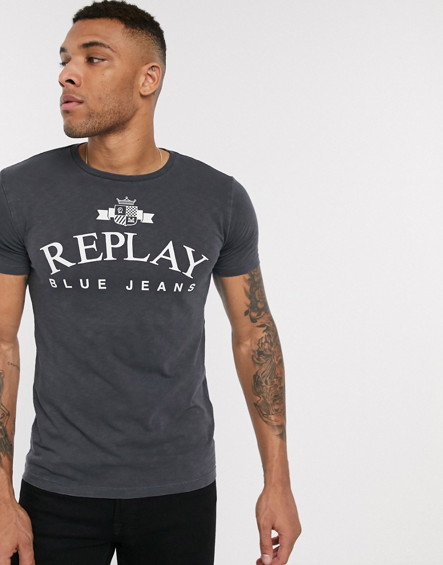 Replay - T-shirt girocollo nera con logo e scritta Blue Jeans-Nero
