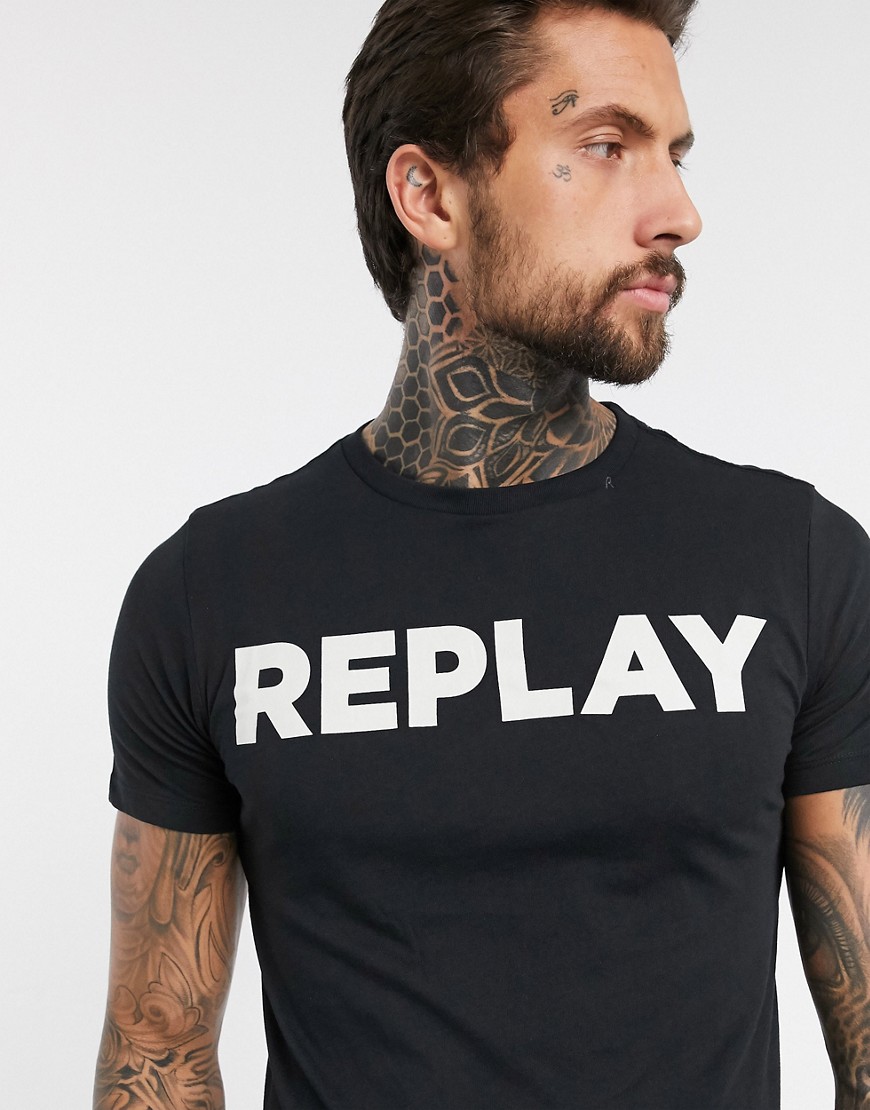 Replay - T-shirt girocollo nera con logo vivace-Nero