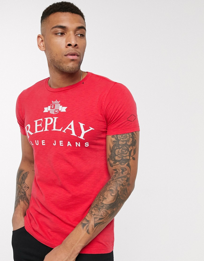 Replay - T-shirt girocollo rossa con logo e scritta Blue Jeans-Rosso