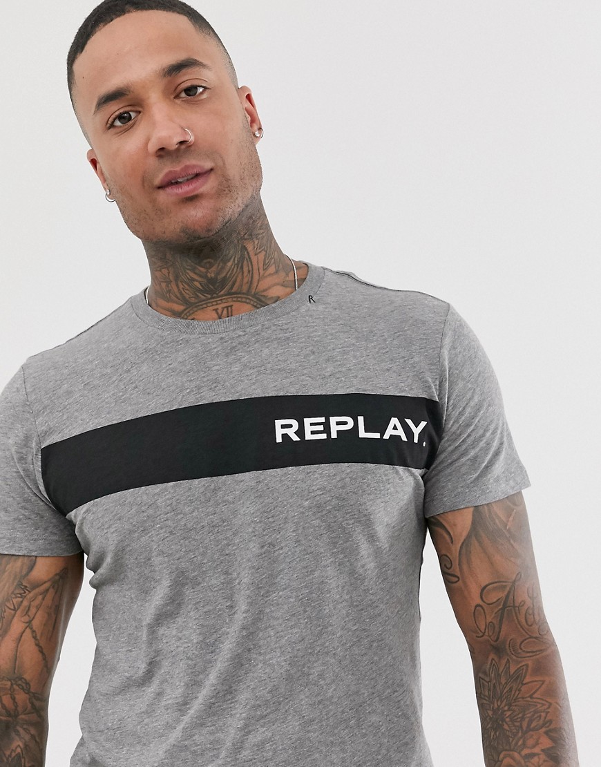 Replay - T-shirt grigia con logo colour block sul petto-Grigio