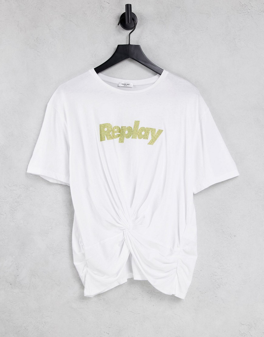 Replay – T-Shirt in Weiß mit verdrehtem Detail auf der Vorderseite und Logo