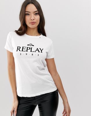 Replay – T-shirt med revor och 1981-logga-Vit