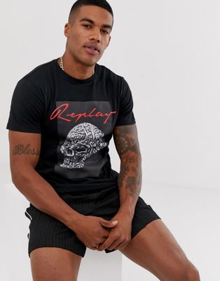 Replay - T-shirt met doodshoofdprint in zwart