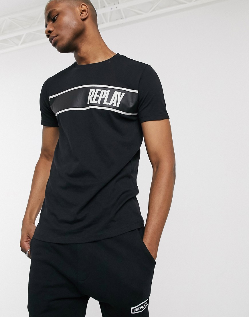 Replay - T-shirt met logovlak en ronde hals in zwart