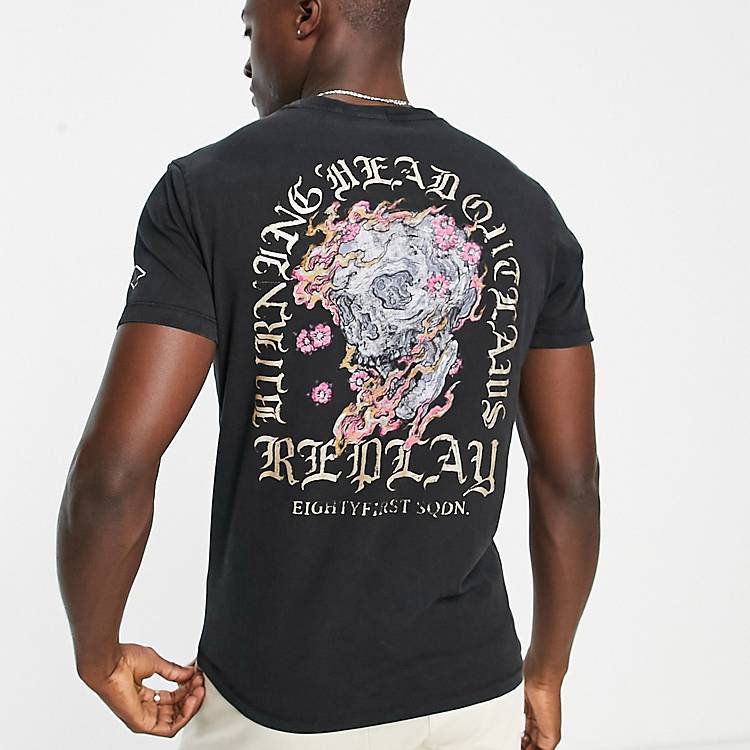 rib Sjah camouflage Replay - T-shirt met print op de achterkant in zwart | ASOS