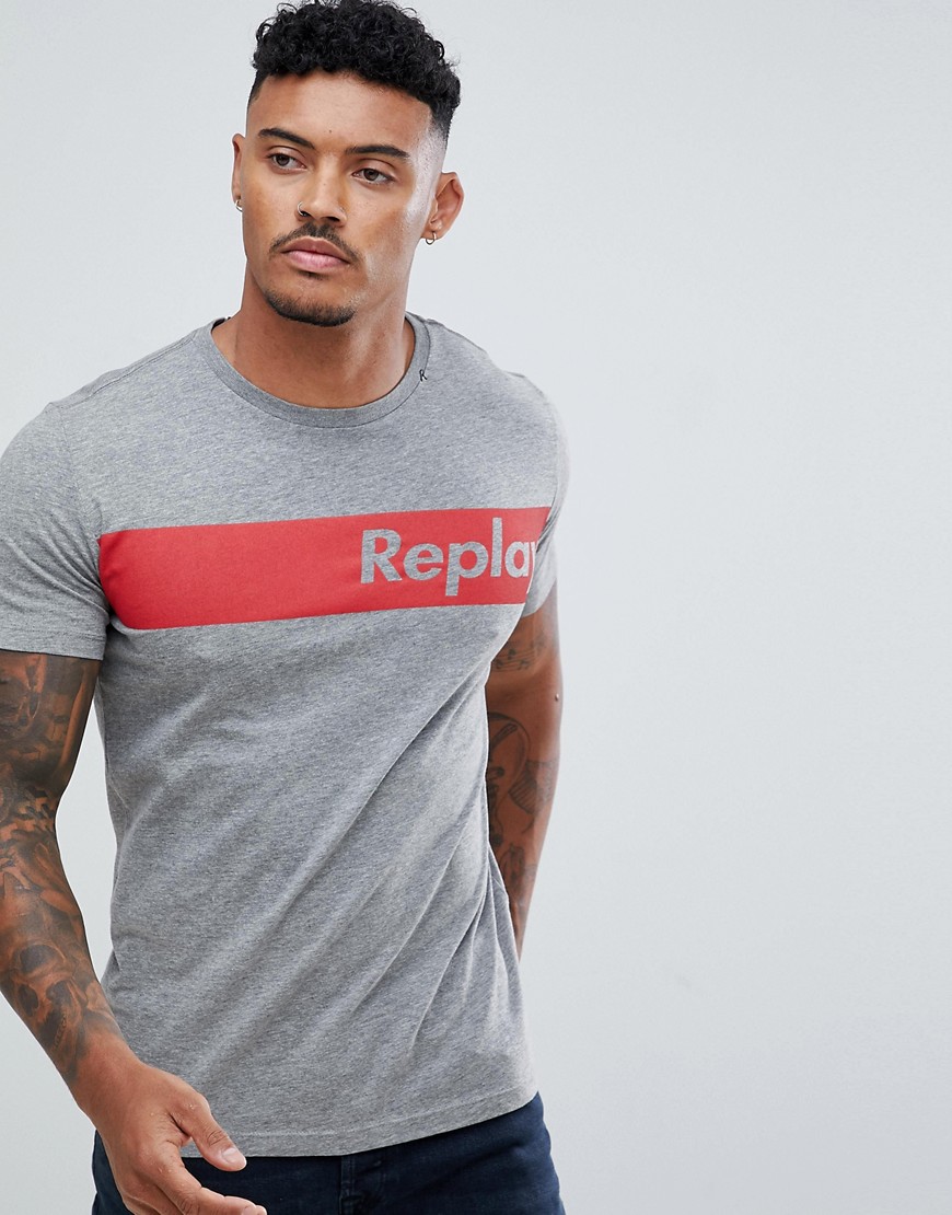 Replay - T-shirt met sportieve streep en logo in grijs