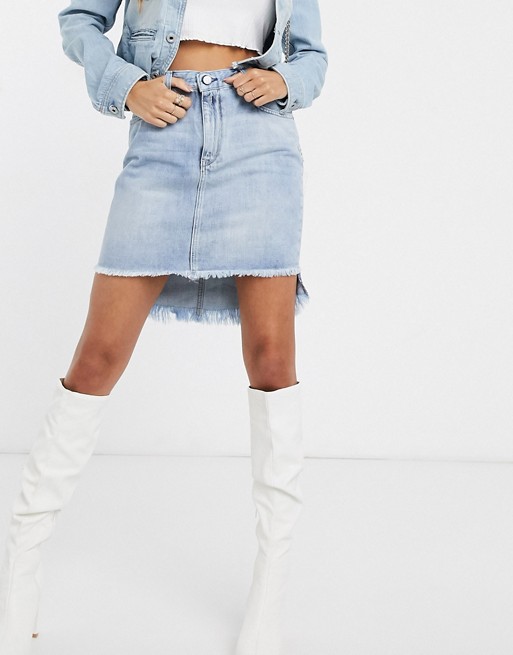 Replay washed denim skirt with stepped frayed hem