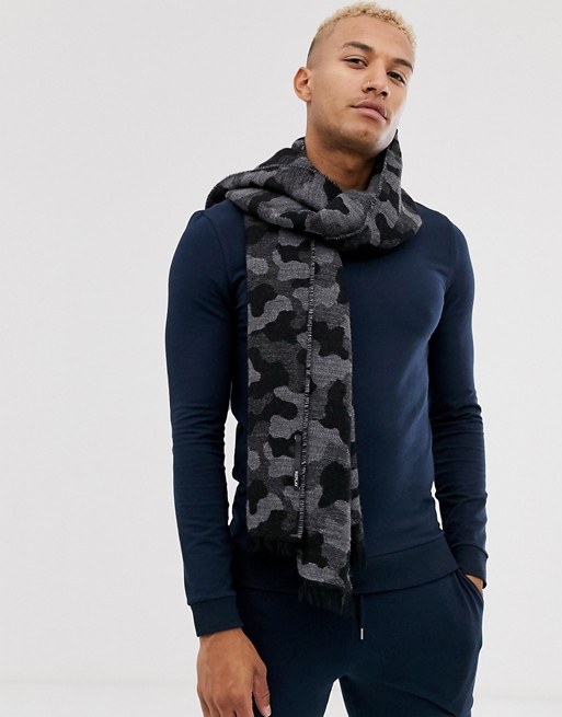 Replay wovem camo scarf in black and grey