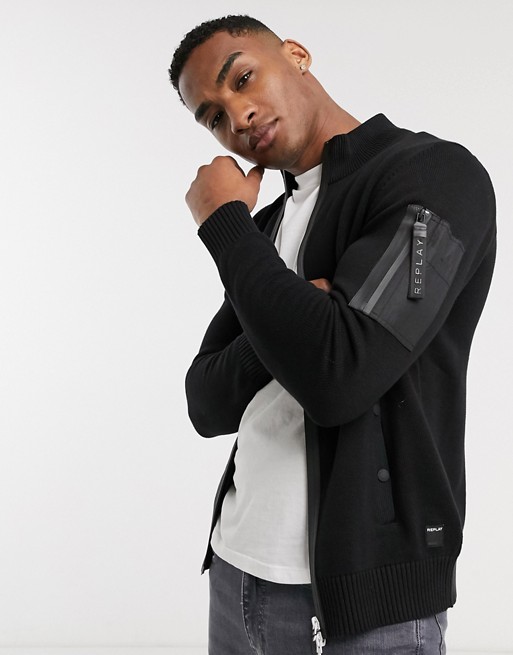 Replay zip through logo knitted jumper in black