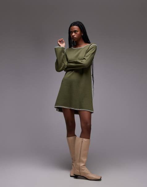 Resume blanket stitch a line mini dress in army green - view 1