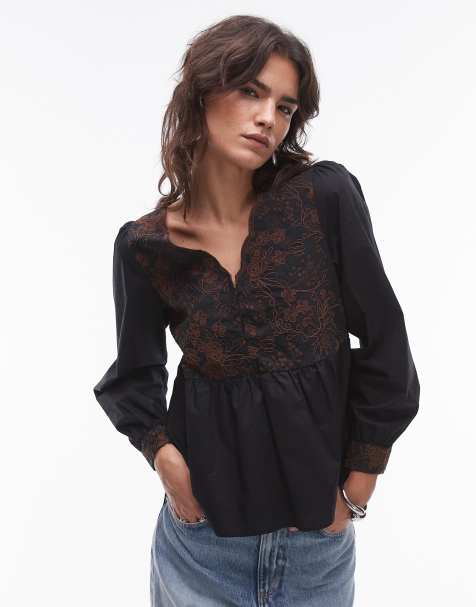 Résumé - Blouse en popeline avec col V et broderies - Noir - view 1