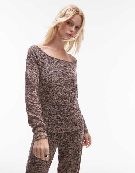 Resume boat neck long sleeve space dye lightweight jumper in brown melange co-ord - view 1