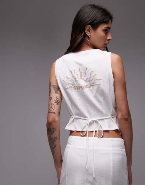Resume button up crop waistcoat top with back graphic in white co-ord - view 1