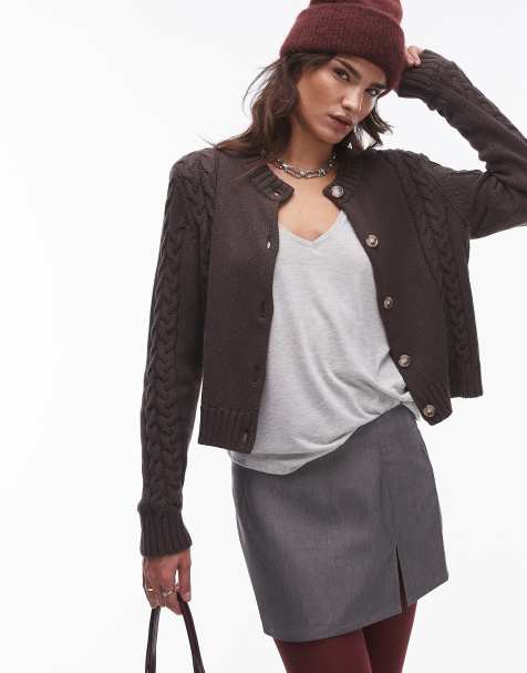 Résumé - Cardigan in maglia a trecce aderente marrone scuro - view 1