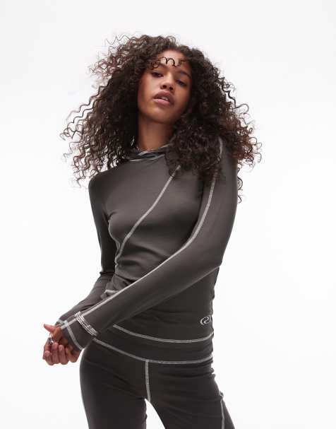 Resume contrast seam skinny fit sporty hoodie top in brown co-ord - view 1