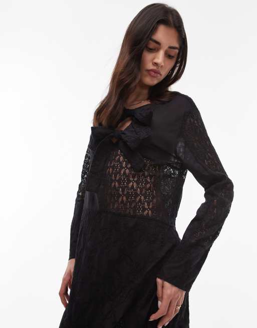 Resume eyelet midaxi dress with front ties in black, 2 of 4