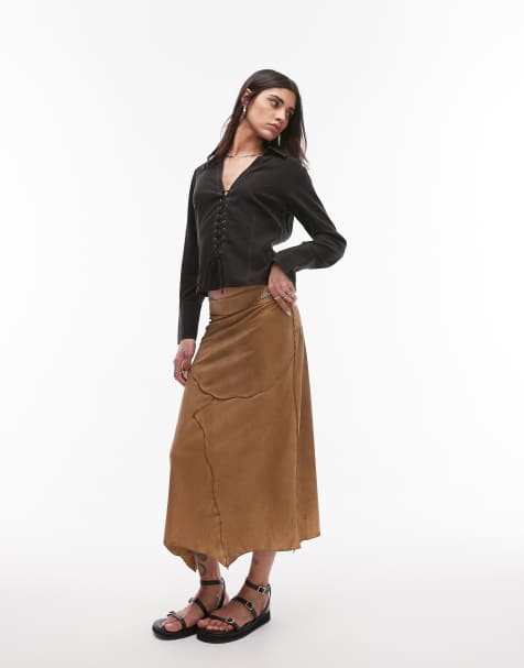 Resume faux suede boho western asymmetric midaxi skirt in light camel