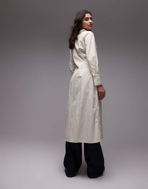 Resume fitted midaxi shirt dress with ruffle placket in multi creme stripe, 3 of 4