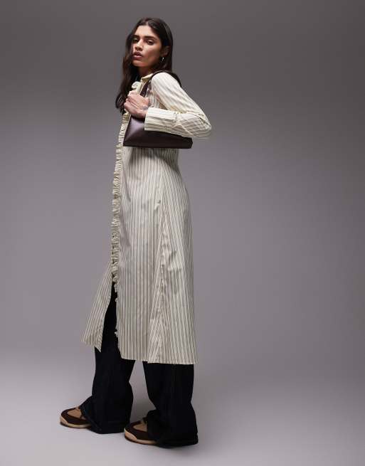 Resume fitted midaxi shirt dress with ruffle placket in multi creme stripe, 4 of 4