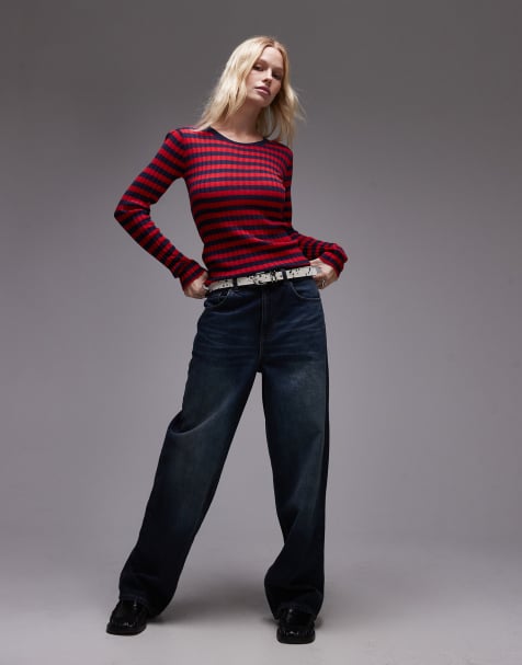 Resume fitted rib stripe long sleeve lightweight jumper in red navy - view 1